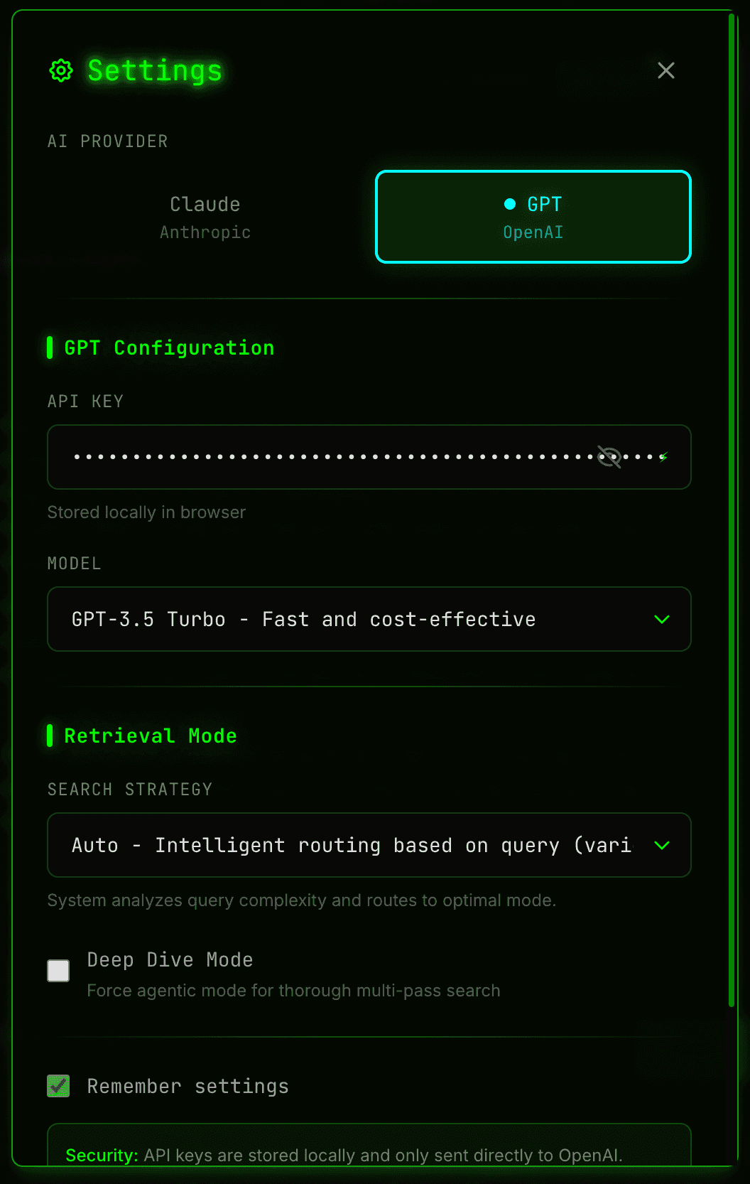 Settings Panel and API Configuration